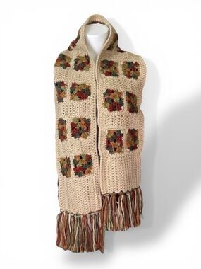 Hand knit Fall Colors long Scarf with Fringe